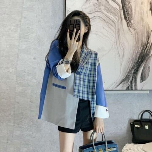 High sense of small suit jacket female design sense niche stitching plaid loose fried street all-match jacket spring and autumn