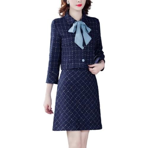 New Autumn Runway Tweed 2 Piece Set Skirt Designer Winter Women Bowknot Short Jacket Coat+Sexy Mini Skirt Wool Blend Plaid Suits