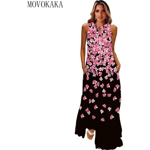 MOVOKAKA Fashion Floral Print Summer Dress Women Beach Casual Elegant Plus Size Dresses Woman Sleeveless Girls 2021 Dress Women