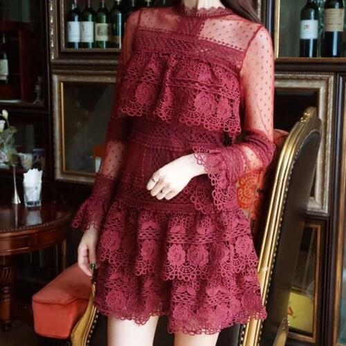Women See Though Long Sleeve Lace Dress Mesh Floral Appliques Ball Gown Sexy Mini Dress Cake Party Dress Wine Red Black Robe
