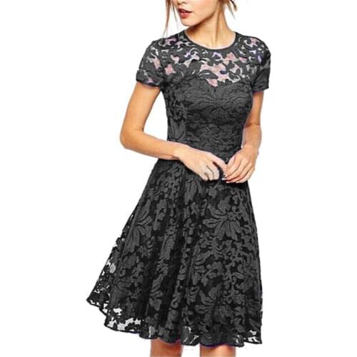 2021 New Spring Summer Round Neck Short Sleeve Black Lace Hollow Out A-line Long Temperament Dress Women Fashion Tide Mini Dress