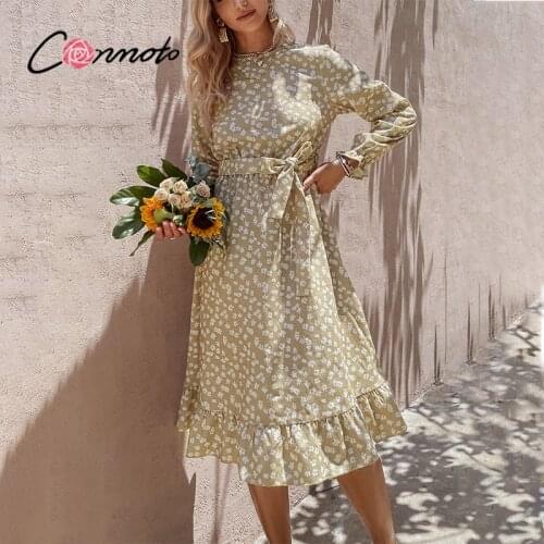 Conmoto Holiday floral print lace up dress women autumn Casual long sleeves o-neck midi dresses Elegant female ruffled vestidos