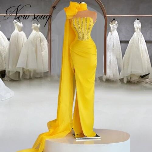 Vestidos De Fiesta Yellow Evening Dresses Beading Couture Prom Gowns Saudi Arabia 2021 Dubai Party Night African Abendkleider