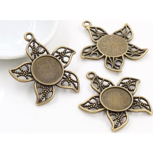 20pcs 12mm Inner Size Antique Bronze Five Point Flower Style Cabochon Base Cameo Setting Charms Pendant