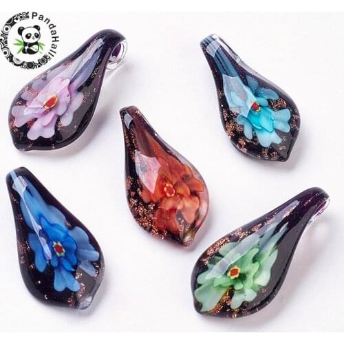 50pcs Mixed Color Handmade Lampwork Drop Pendants, with Gold Sand and Inner Flower, 37x19x9.5mm, Hole: 7x5mm F70