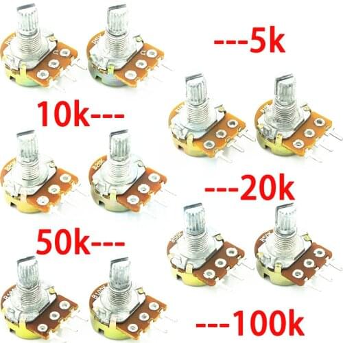 Free Shipping 50PCS WH148 1K 10K 20K 50K 100K 500K Ohm 15mm 3 Pin Linear Taper Rotary Potentiometer Resistor for Arduino