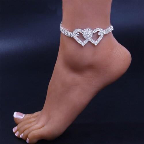 Fashion Personality Double Love Heart Multi-Layer Rhinestone Ladies Anklet Sexy Bikini Shiny Crystal Feet Jewelry Accessories