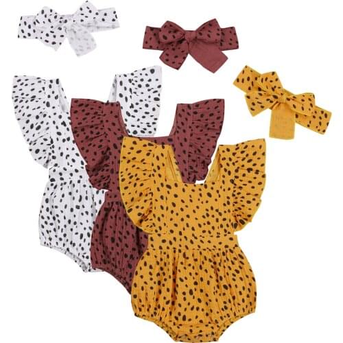 0-18M Infant Newborn Baby Girls Leopard Ruffled Sleeve Bodysuits With Headband Summer Dots Jumpsuits Fashion Pudcoco Outfits