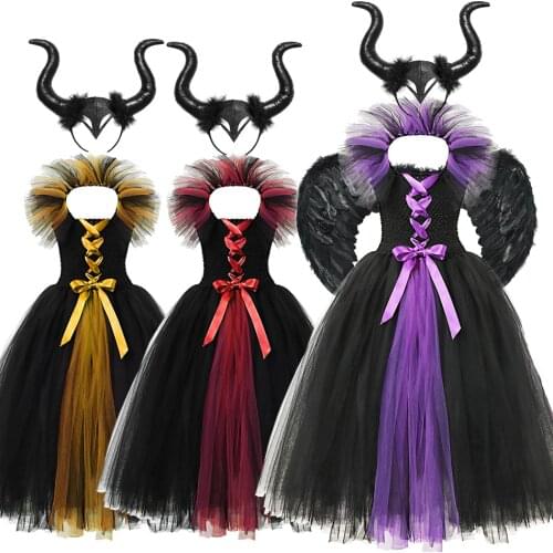 Evil Queen Costume Maleficent Dress Girls Sleeping Beauty Aurora Halloween Party Dresses Princess Ball Gown with Devils Horn