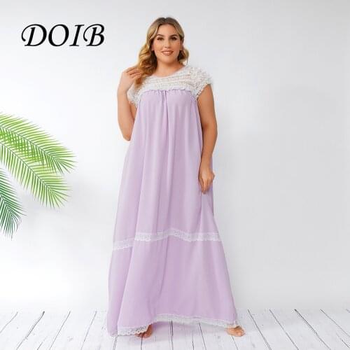 DOIB Women Purple Lace Patchwork Pajamas Dress Plus Size Short Sleeve Loose Casual Sleep Homewear Dress