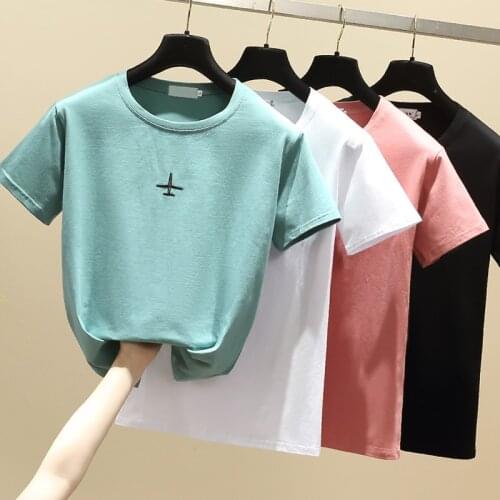 Gkfnmt Summer Tees T-Shirt Woman Casual Tshirt Femme 2021 Short Sleeve T Shirt Women Cotton Slim Embroidery Plain Tops