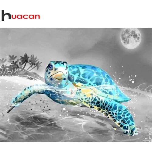 Huacan Full Square/round Diamond Painting Sea Turtle Sticker Decor Diamond Embroidery Mosaic Animal Black White Wall Sticker