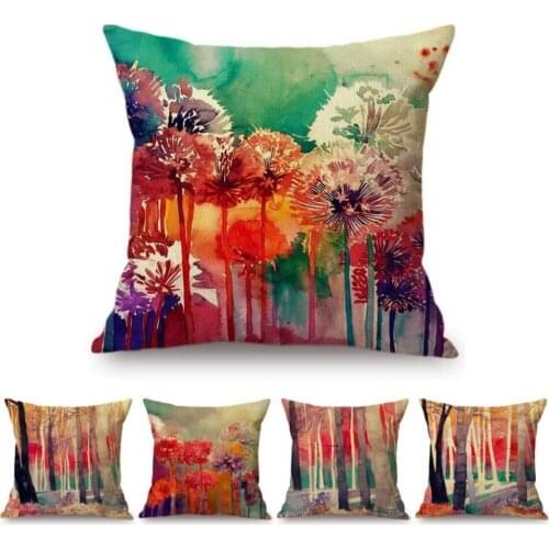 Colorful Watercolor Flowers Art Autumn Forest Dandelion Home Decorative Sofa Throw Pillow Case Cotton Linen Floral Cushion Cover