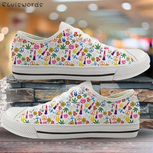 ELVISWORDS Colorful Peace Floral Design Unisex Low Top Canvas Sneakers Women Casual Walking Shoes Flats Vulcanized Shoes Zapatos