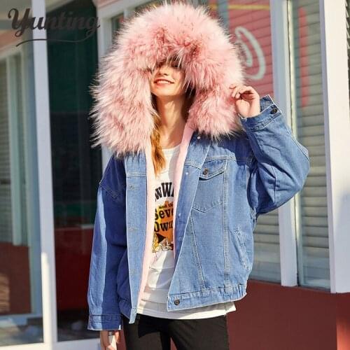 2020 rabbit fur lined denim jacket coat fashion denim fur warm lady winter jacket women parka