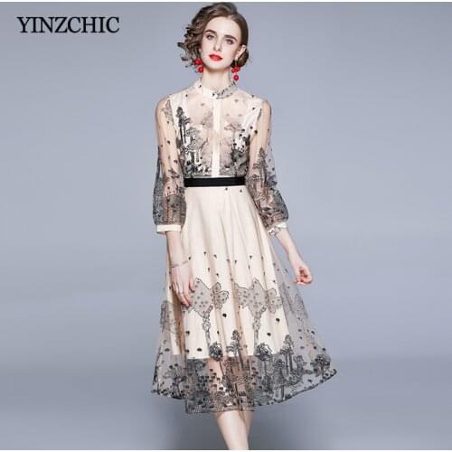 Summer New Woman Embroidery Dress Stand Collar Ladies Slim A-line Party Skrits Ladies Elegant Mesh Dresses Prom Skirt