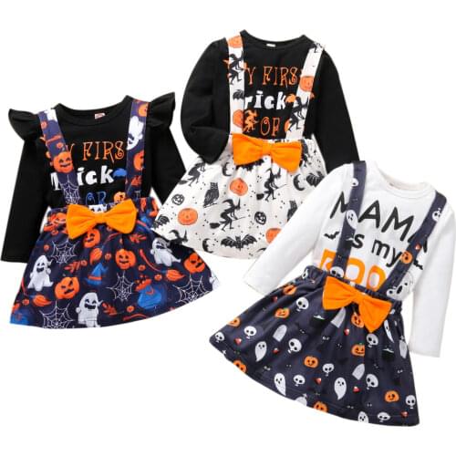 2021-06-16 Lioraitiin 0-6Years Toddler Baby Girl 2Pcs Fashion Halloween Clothing Long Sleeve Top Shirt Pumpkin Printed Skirts