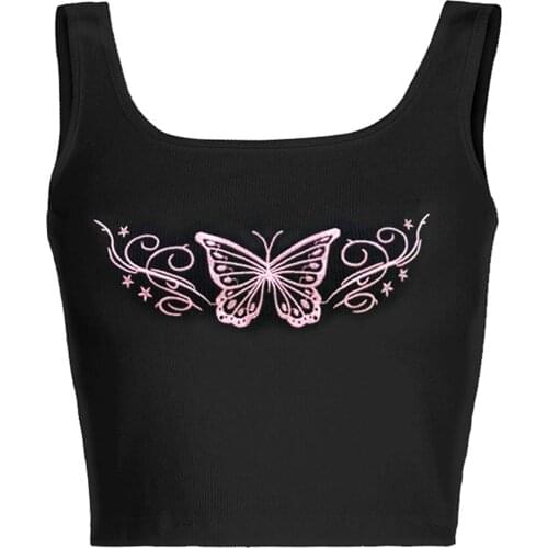 Women’s Summer U-neck Tanks Tops Vest Fashion Butterfly Embroidery Exposed Navel Sleeveless Female Tops Camis Tees