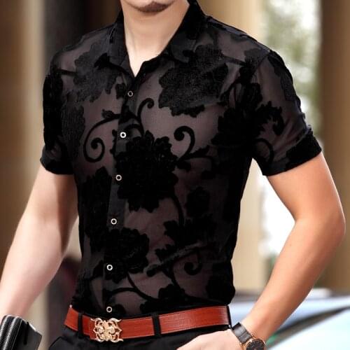 New summer fashion men hollow floral shirt see through short sleeve clothes sexy male transparent dress shirts