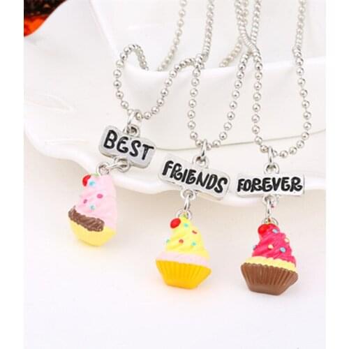 3pcs Set Best Friends Forever BFF pendant charm beaded chain cute strawberry ice-cream necklace for kids gift