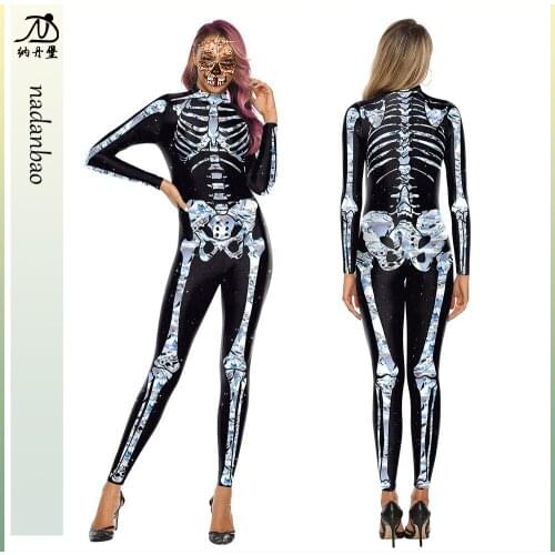 2021 New Womens Halloween Costume Luminous Skeleton Print Bodysuit Skinny Catsuit Jumpsuit Halloween Cosplay(mask Not Included)