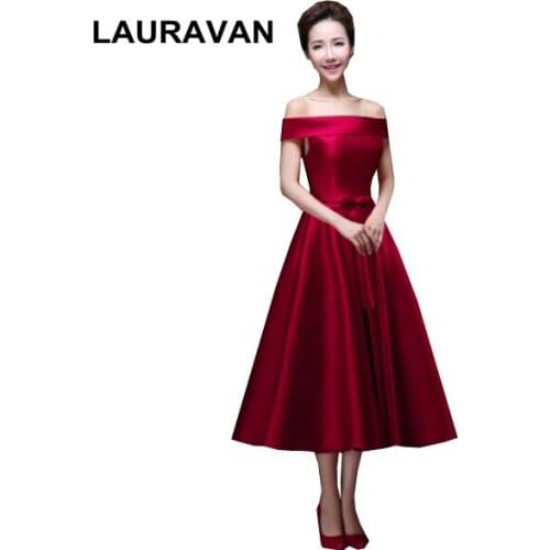 Blue burgundy tea length bridesmaid wine colored bridesmaids dresses girls birthday gowns wear wedding guest free shipping