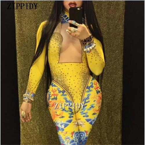 Sexy Yellow Chinese Dragon Printed Glisten Stones Rhinestone Jumpsuit Female Singer Stage Wear One-piece Stretch Costume Outfit