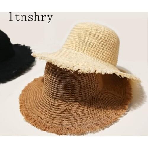 Summer Wide Brim Fisherman Hat Beach Sun Hats Bucket cap Women Ladies Breathable Paper Straw Hat Sunshade Beach Cap Foldable