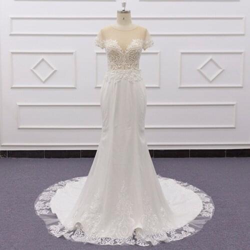 SJ238 actual photo beads lace Sexy High Collar Mermaid Wedding Dress short Sleeve Sexy Slit Satin Fabric Bridal Dress