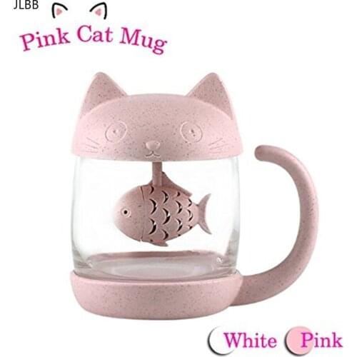 Cat Glass Tea Mug Ceramics Cup with Fish Infuser Strainer Filter 250ML (White)(Pink)