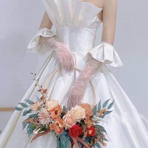 Wedding Gloves White Pearls Long Gloves Translucent Satin Ruffled Mesh Full Finger Mittens Bridal Gloves Wedding Accessories