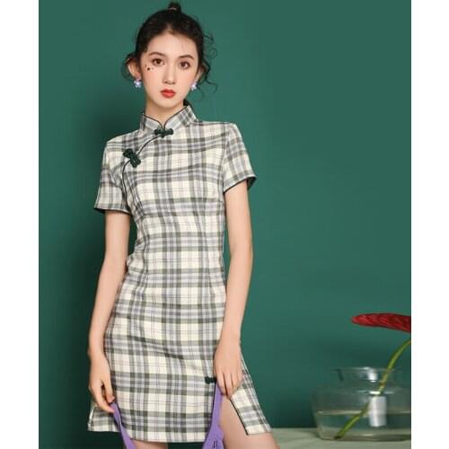 Improved Cheongsam For Women Green Plaid Short Sleeve Retro Dress Chinese Style Women Costumes Classical Dance Clothes DQL3630