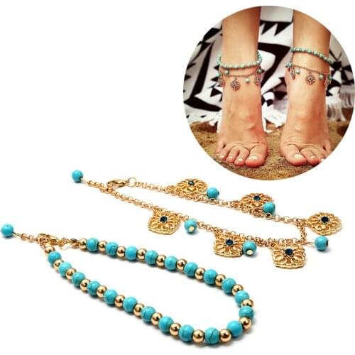 2Pcs/set Unique Green Howlite Bead Flower Pendant Ankle Bracelet Foot Jewelry Chain Anklet Souvenir