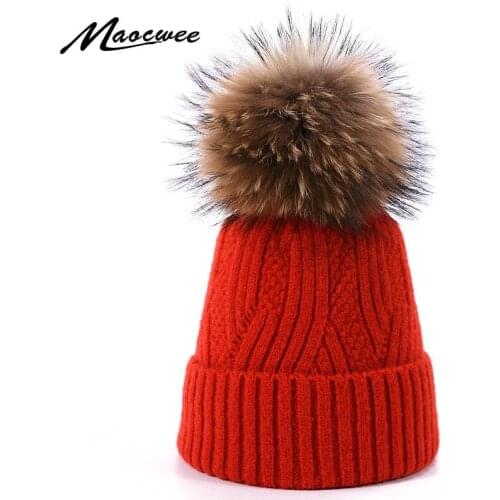 Women Winter Knitted Hat Beanie With Real Raccoon Fur Pom Pom Outdoor Warm Thick Soft Hat Slouchy Beanies For Ladies Girls Caps
