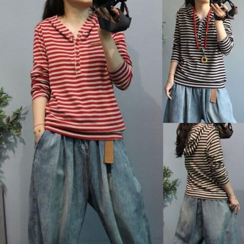 2020 Spring Autumn New Arts Style Women Long Sleeve Casual Hooded Pullovers Cotton Striped Loose Hoodies High Quality M501