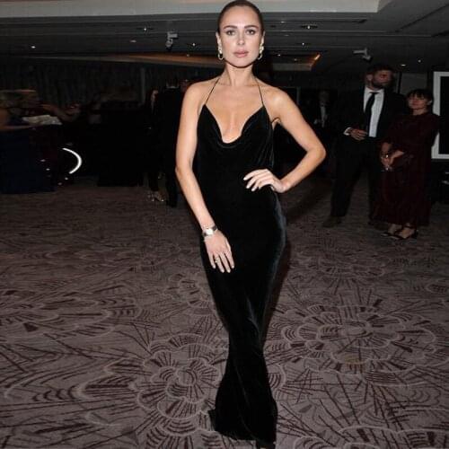 Sexy Long Velvet Black Dress Women Elegant Celebrity Maxi Dress Halter Neck Backless Autumn Winter Velour Evening Party Dresses