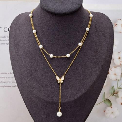 316L Stainless Steel White Shell Butterfly Pearl Pendant Double Layer Chain Choker Necklace For Women Fashion Fine Jewelry N707
