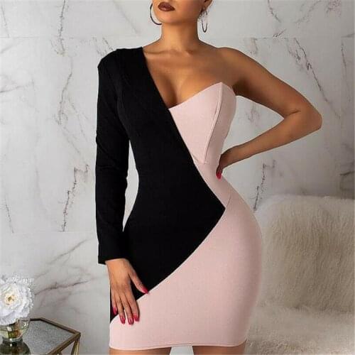 Vintage Pencil Dresses Summer New Women Sexy Dress One Long Sleeve V Neck Black and Pink Patchwork Short Pencil Dress hot