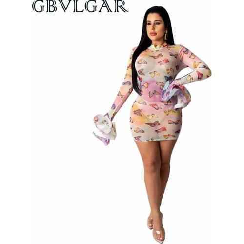 GBVLGAR 2020 Women See Through Ruffle Long Sleeve Mini Bodycon Dress Tie Dye Sheer Mesh Dress Women Sexy Club Bandage Dresses