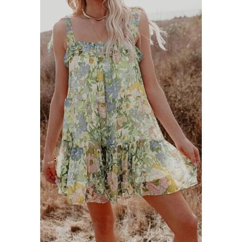 Multicolor Floral Chiffon Tie Dress for Women Square Collar Sleeveless A Line Short Summer Beach Boho Dress
