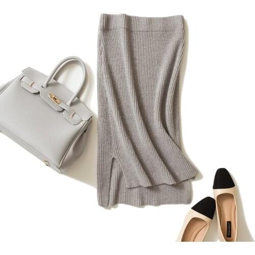 100% Merino Wool 2021 Winter Womens Ribs Split Short Front Long Back Skirt