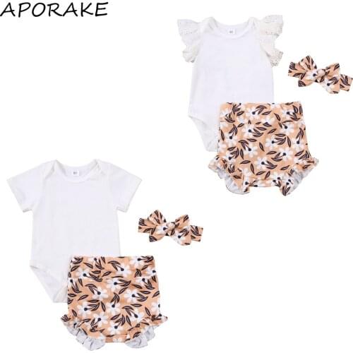 2021 0-24M Baby Girl Clothes Fresh Solid Lace Fly Short Sleeve Romper+Flower Print High Wast Short Pants+Headband Cute 3pcs Set