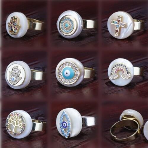 2021 Charms Round Shell Pearl Beads Multiple Cz Paved Evil Eye Cross Tree Of Life Hamsa Adjustable Women Men Rings Daily Jewelry