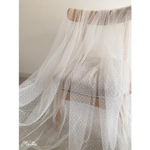 5 yards Off White Velvet Polka Dots Tulle Fabric, Flocking Polka Dotted Mesh Fabric