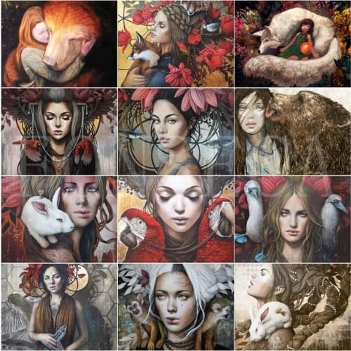 5D Diy Diamond Painting Women with Animals Full Square Round Drill Embroidery Cross Stitch Mosaic Wall Art Home Decoration