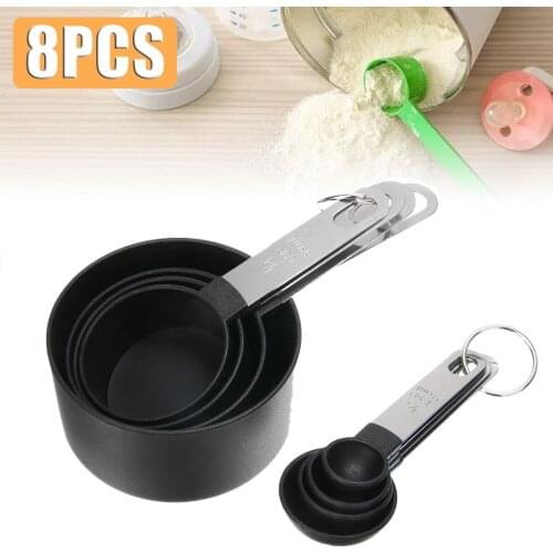8PCS Black Measuring Cups Measuring Spoon Scoop Set Stainless Steel Handle Milk Coffee Scale Scoop Kitchen Measuring Tool