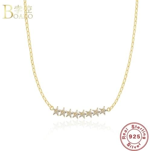 BOAKO 925 Sterling Silver Gold Clear Zircon Stra Charms Chain Necklace Long Choker Women Fashion 2020 Party Wedding Jewelry Gift