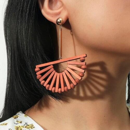 Bohemian Ethnic Female Geometric Semicircle Hollow Handmade Beaded Wooden Big Drop Earrings For Women Beach Style Jewelry Gifts