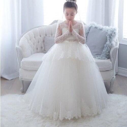 Flower Girl Dress Puffy Lace Applique Sleeveless Tulle Party Dress Girl First Communion Eucharist Attended Prom Dresses