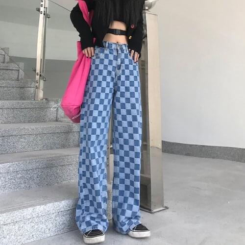 Jogger Plaid Ladies Jeans Summer Universal Fashion Plaid Pattern Loose Casual Blue Wide Leg Jeans MenS Overalls Streetwear